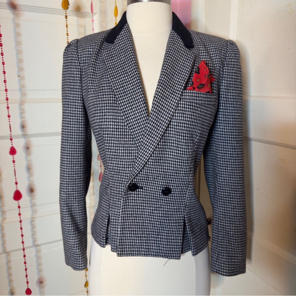 Vintage 80s Sasson Petite Houndstooth Wool Blend Blazer 4/5